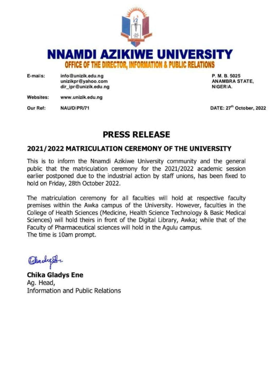 update-on-unizik-matriculation-nnamdi-azikiwe-university