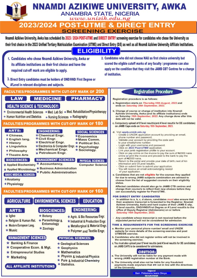 2023/2024 POST UTME AND DIRECT ENTRY SCREENING EXERCISE - Nnamdi ...