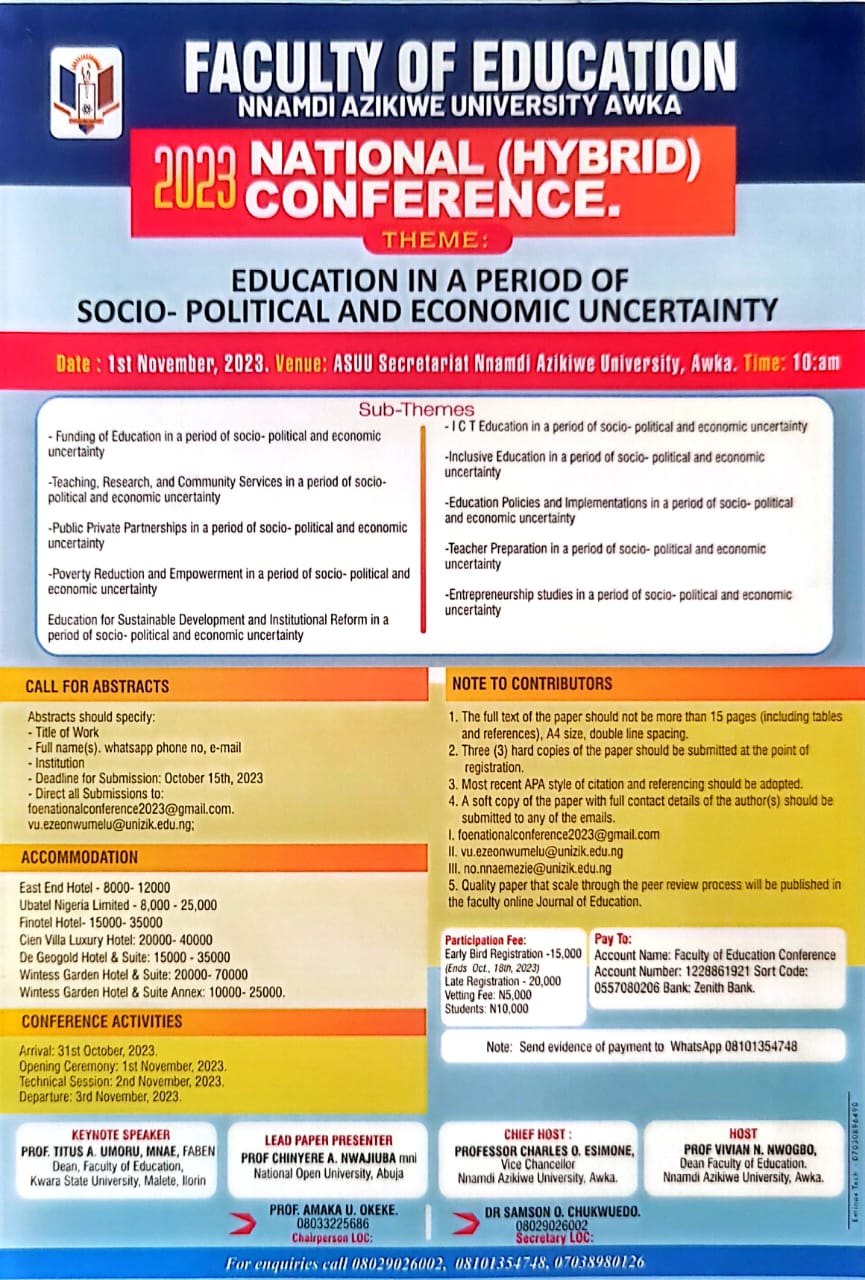 FACULTY OF EDUCATION 2023 NATIONAL (HYBRID) CONFERENCE - Nnamdi Azikiwe ...