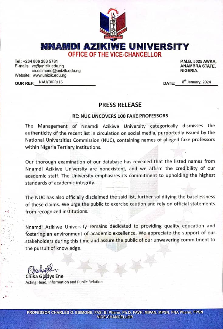 RE: NUC UNCOVERS 100 FAKE PROFESORS