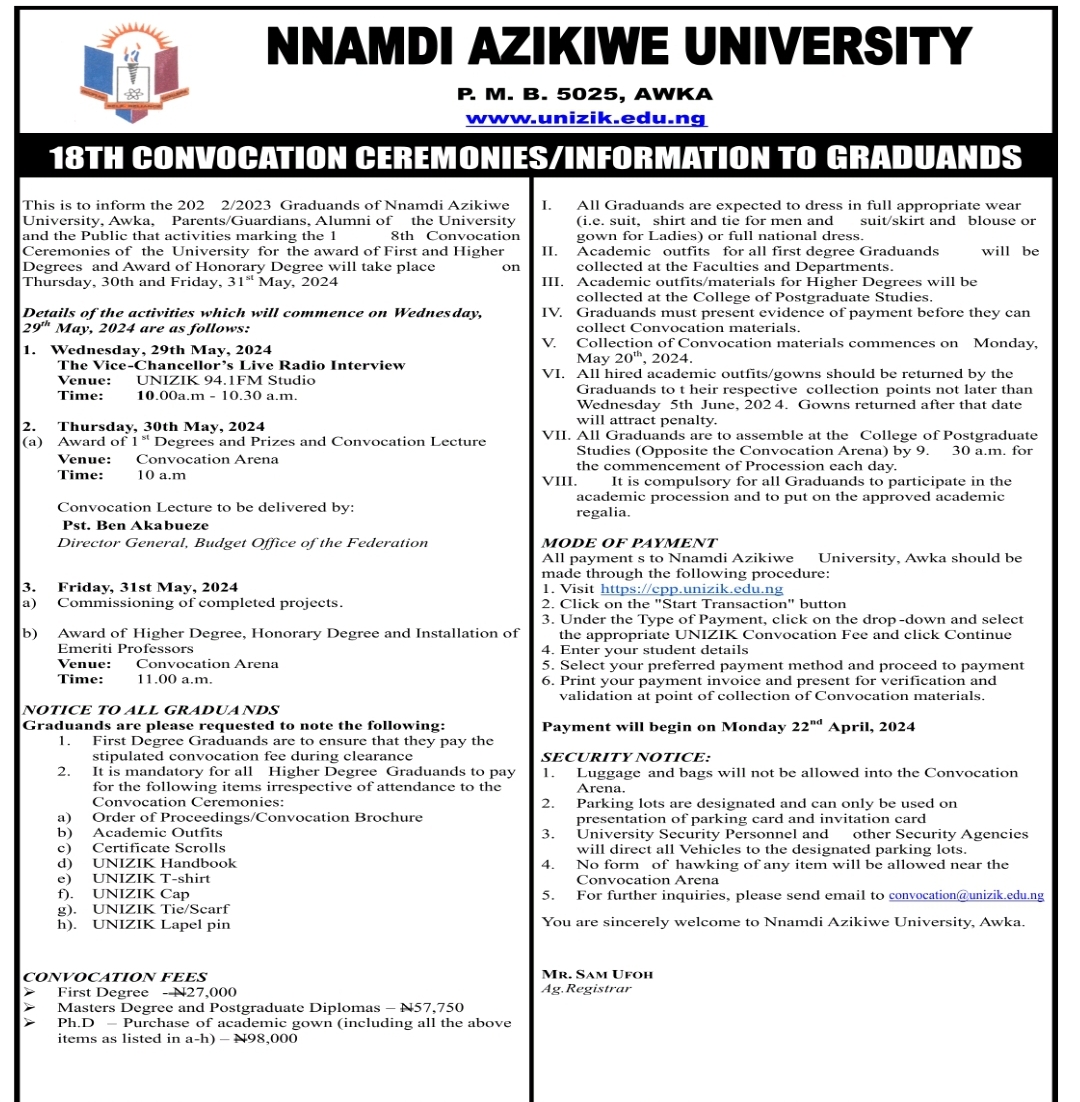 18th Convocation Ceremonies: Information to Graduands - Nnamdi Azikiwe ...