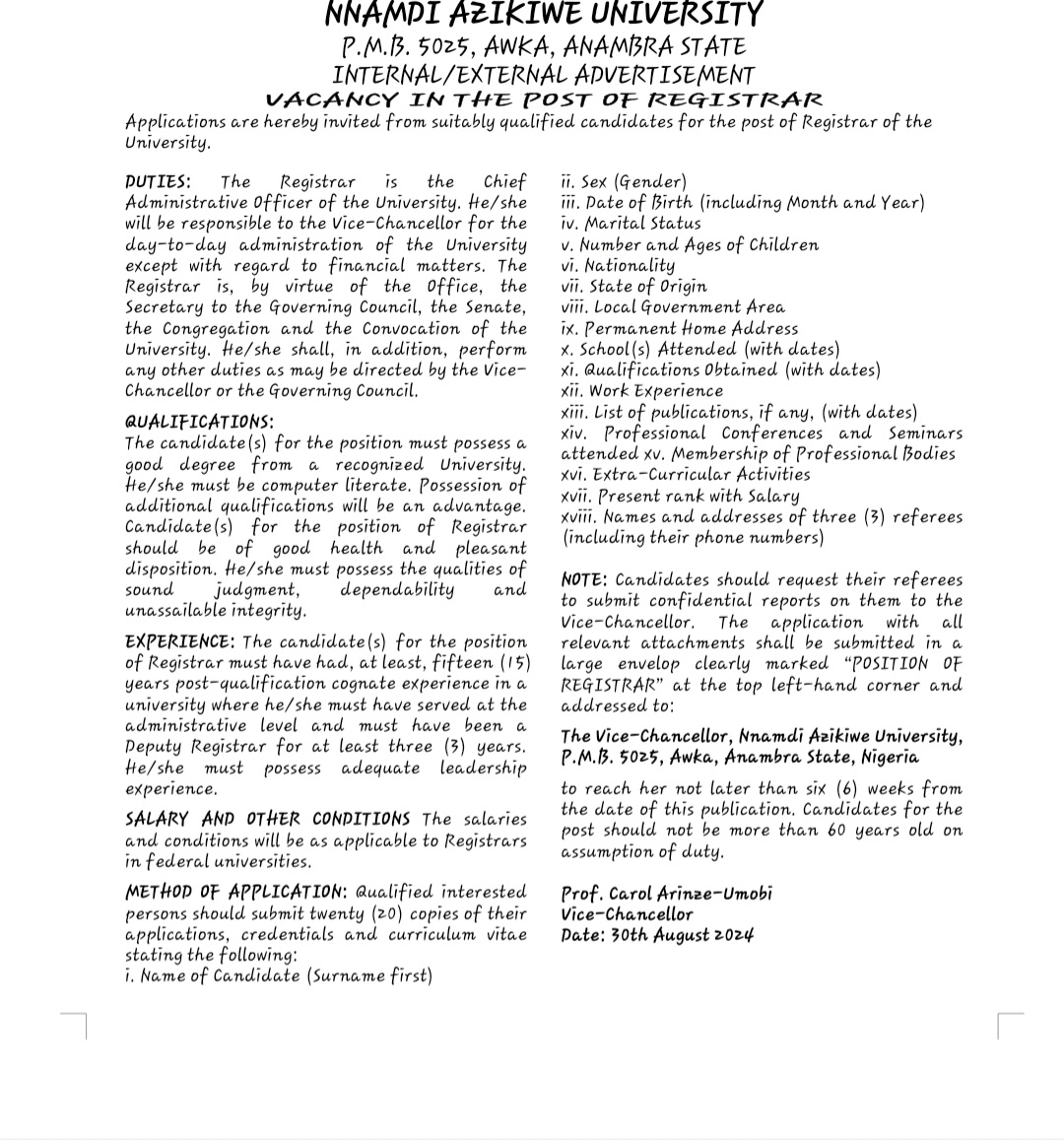 Vacancy in the Post of Registrar
