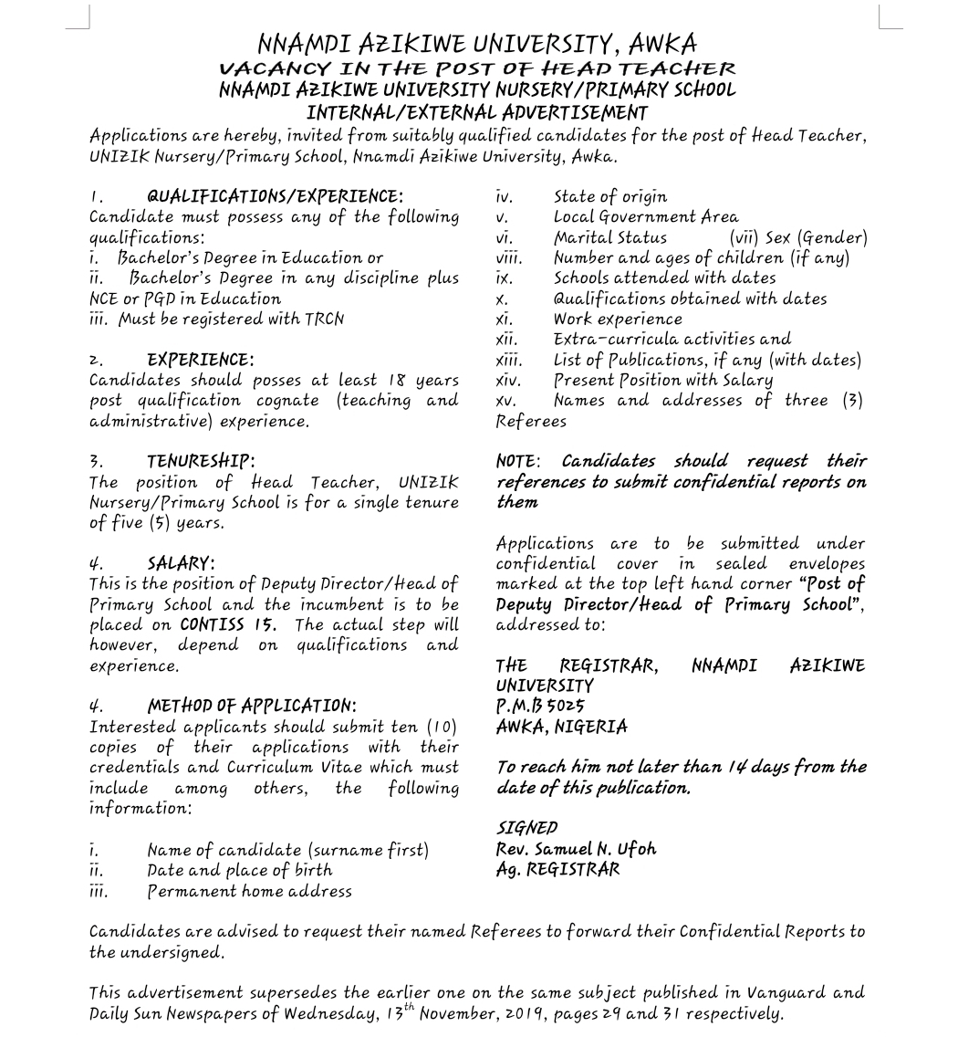 Vacancy in the Post of Head Teacher
