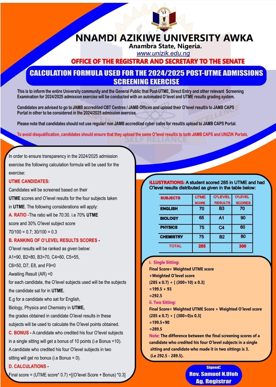 Calculation Formula for Post UTME Admissions