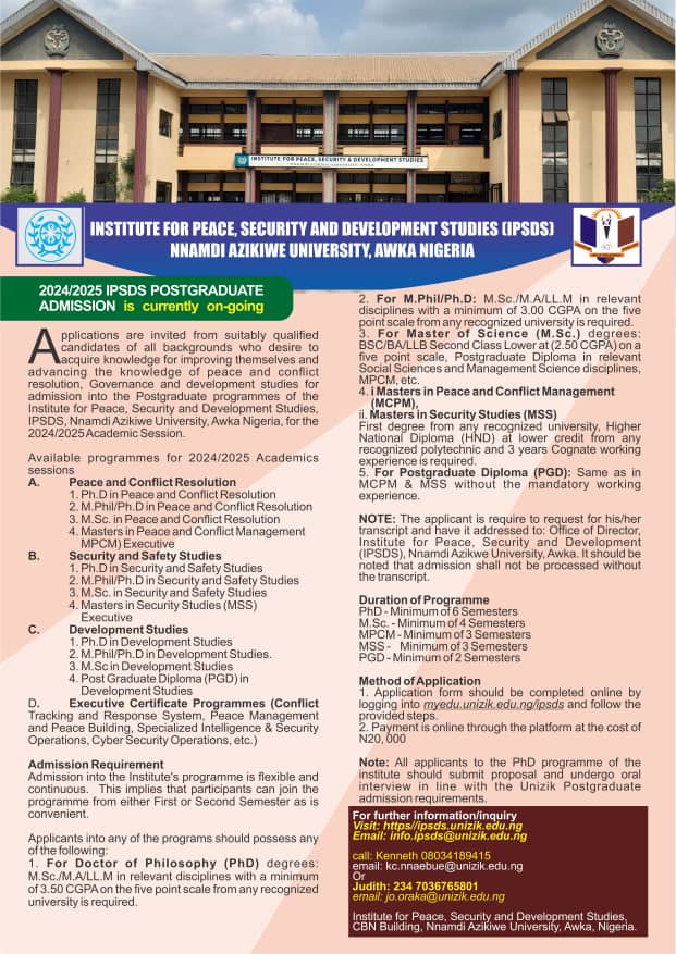 2024/2025 Institute of Peace, Security and Development Studies Postgraduate Admission