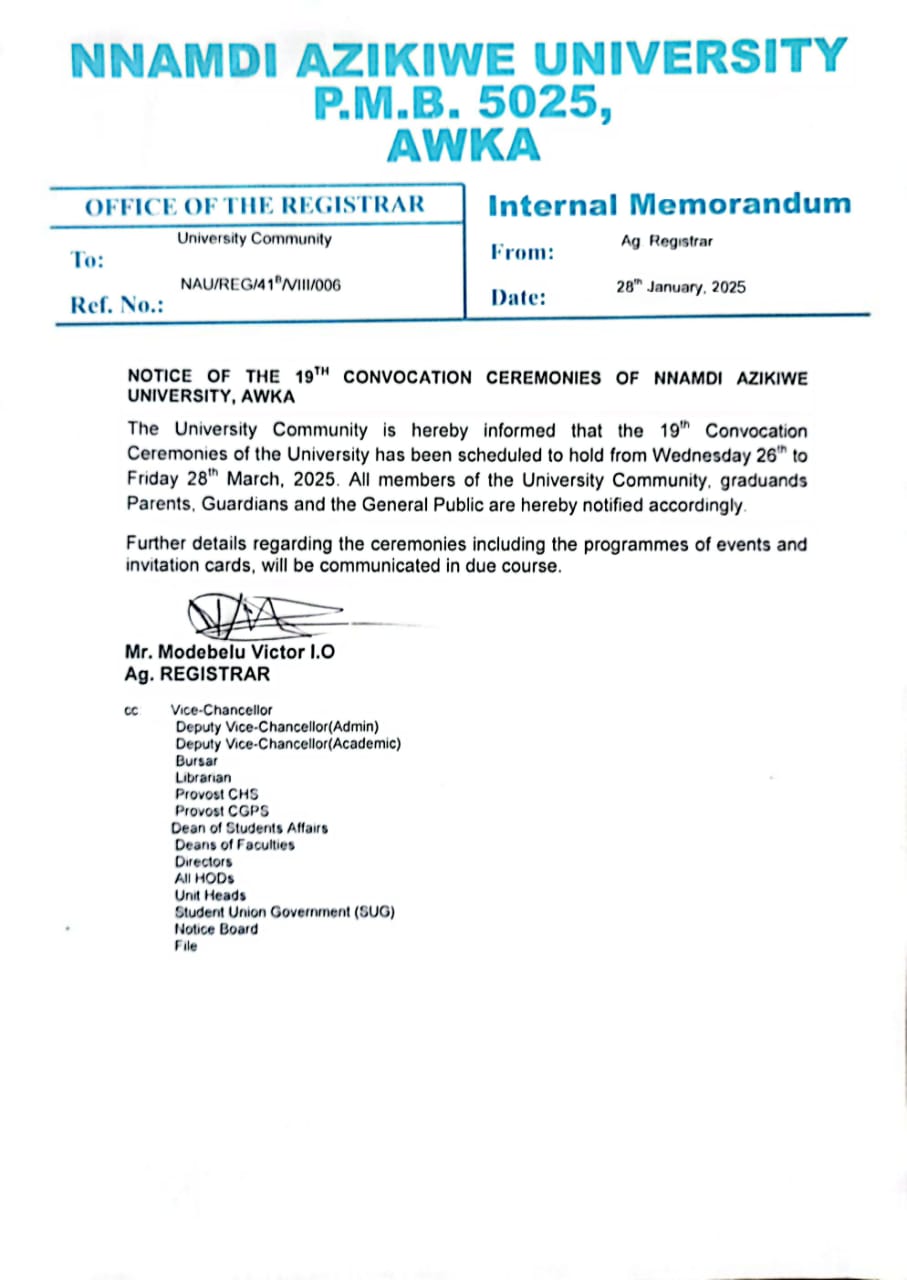 Notice Of The 19th Convocation Ceremonies Nnamdi Azikiwe University