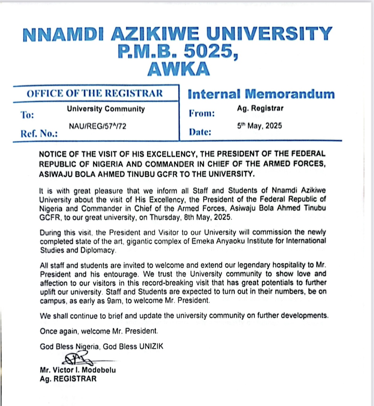 President Asiwaju Bola Ahmed Tinubu Will Visit UNIZIK