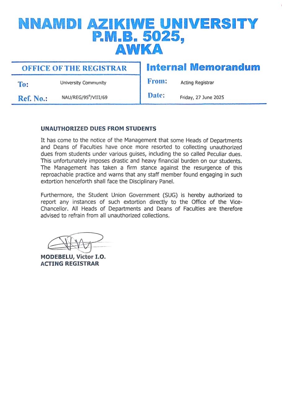 UNIZIK Management Issues Strong Warning Against Extortion Of Students