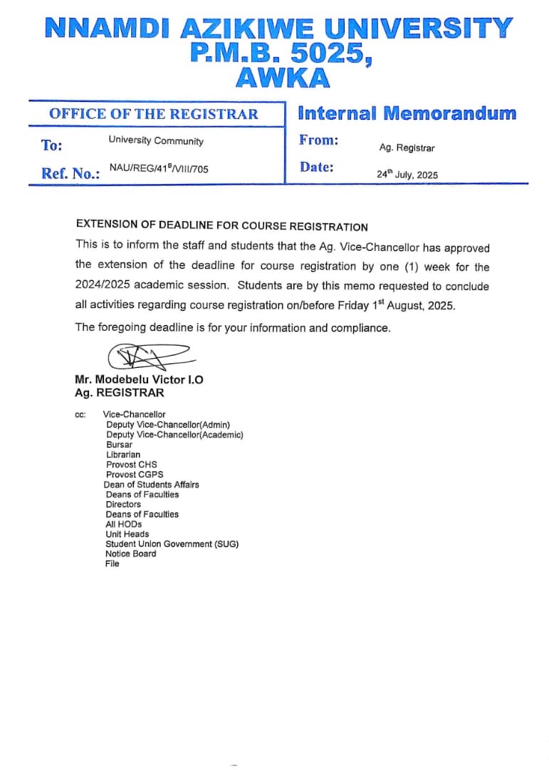 Extension Of Deadline For Course Registration