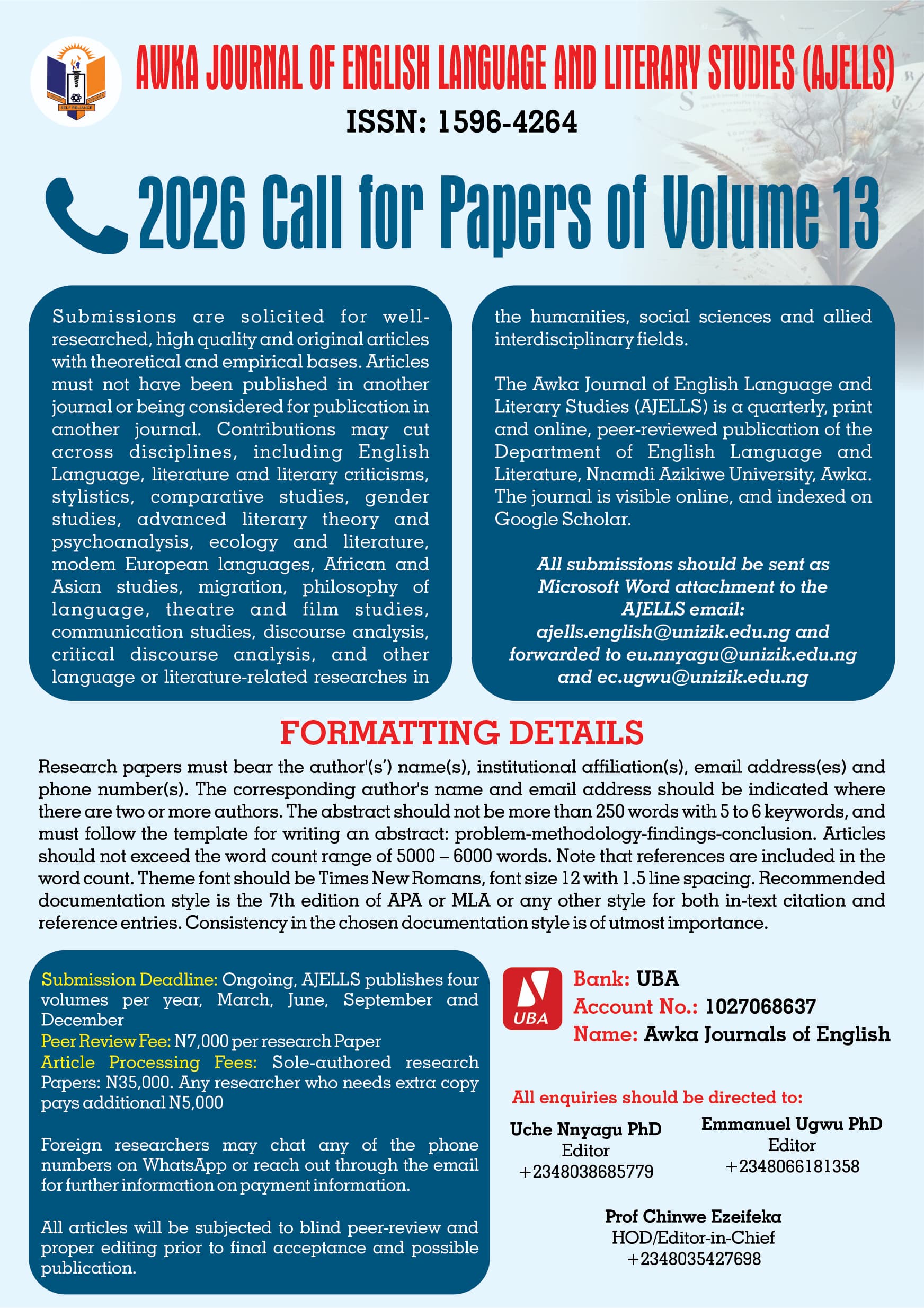 Awka Journal of English Language and Literary Studies Calls for Papers